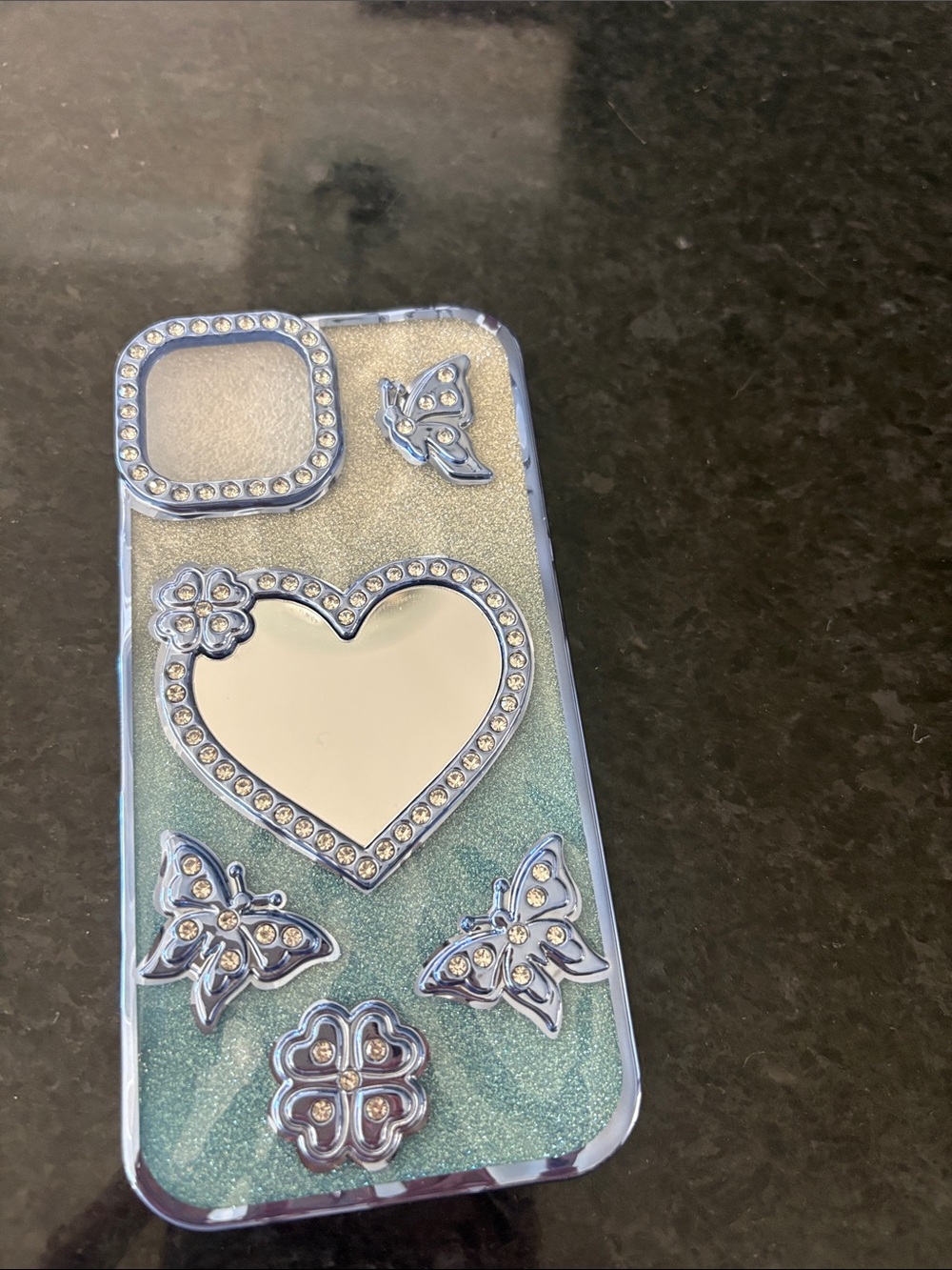Sparkling Blue Glitter Heart Mirror Phone Case with Decorative Butterflies